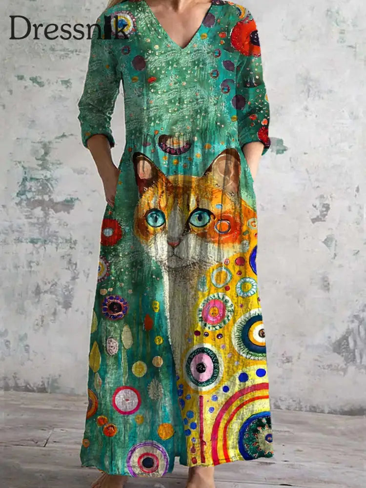 Retro Katze Kunst Abstrakter Druck Chic V-Ausschnitt Drei Viertel Ärmel Elegantes Midi-Kleid A / S