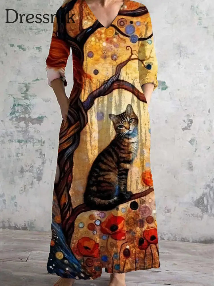 Retro Katze Kunst Abstrakter Druck Chic V-Ausschnitt Drei Viertel Ärmel Elegantes Midi-Kleid A / S