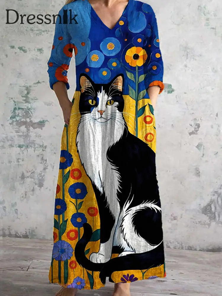 Retro Katze Kunst Abstrakter Druck Chic V-Ausschnitt Drei Viertel Ärmel Elegantes Midi-Kleid A / S