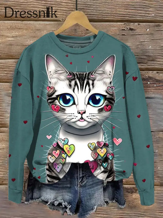 Retro Katze Kunst Langarm Lässig Lose Top