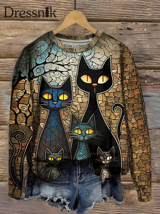 Retro Katze Kunst Langarm Lässig Lose Top