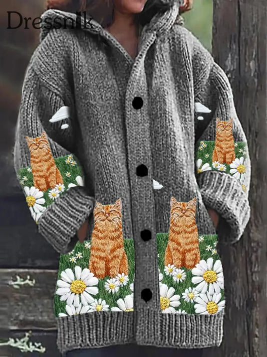 Retro Katze Kunstdruck Knopf Dick Lange Ärmel Lässig Kapuzen Strickjacke A / S