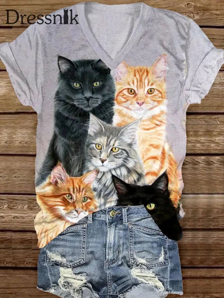 Retro Katze Kunstdruck Lässiges V-Ausschnitt Kurz Ärmel Iges T-Shirt A / S