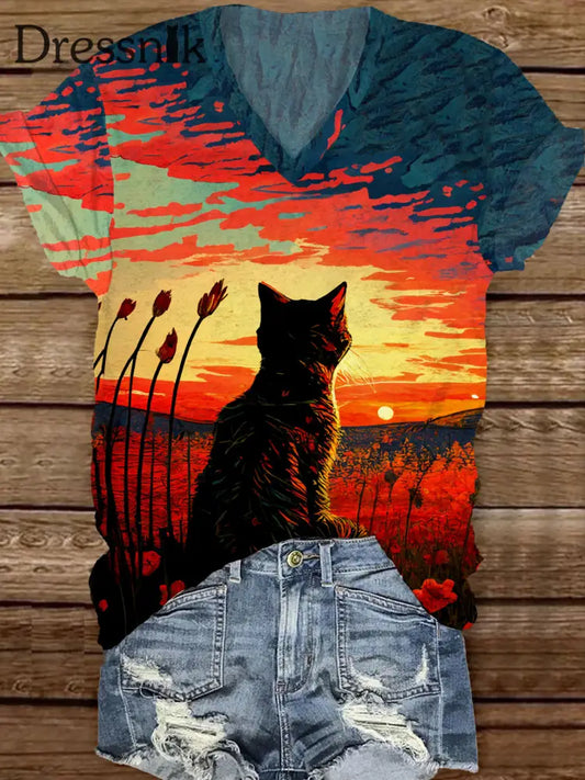 Retro Katze Kunstdruck Lässiges V-Ausschnitt Kurz Ärmel Iges T-Shirt A / S