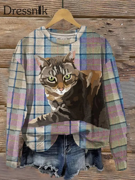 Retro Katze Kunstdruck Mode Rundhals Langarm Top