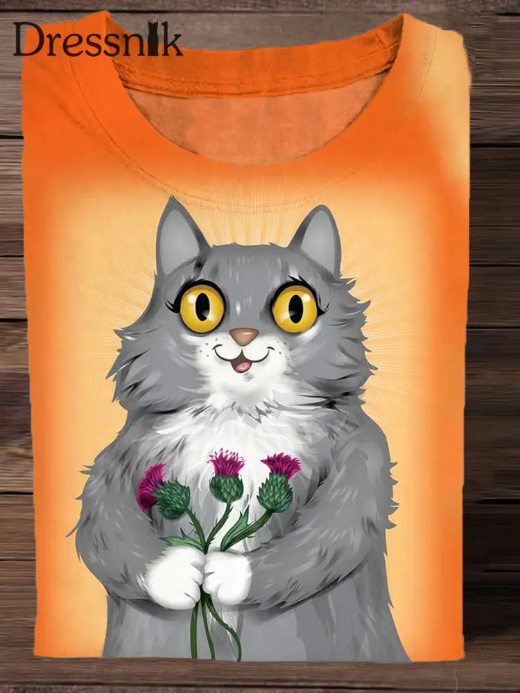 Retro Katze Kunstdruck Mode Rundhals T-Shirt