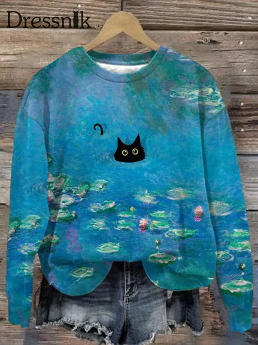 Retro Katze Kunstdruck Modische Rundhals Pullover Langarm Top