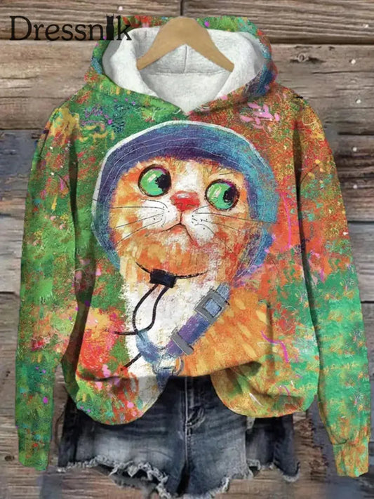 Retro Katze Kunstdruck Modische Rundhals Pullover Langarm Top