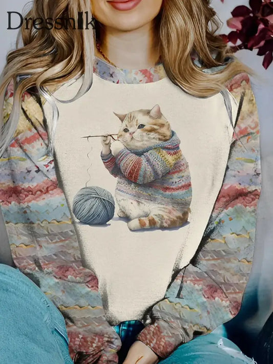 Retro Katze Kunstdruck Modische Rundhals Pullover Langarm Top