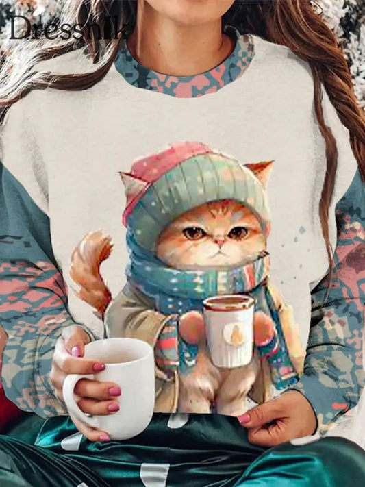 Retro Katze Kunstdruck Modische Rundhals Pullover Langarm Top