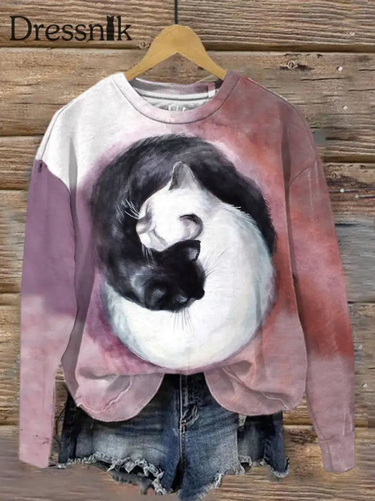 Retro Katze Kunstdruck Modische Rundhals Pullover Langarm Top