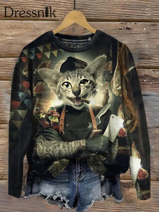 Retro Katze Kunstdruck Modische Rundhals Pullover Langarm Top