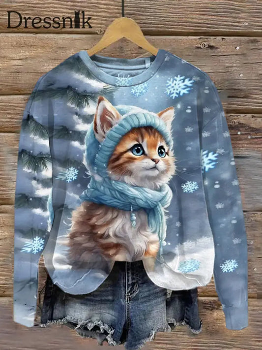 Retro Katze Kunstdruck Modische Rundhals Pullover Langarm Top