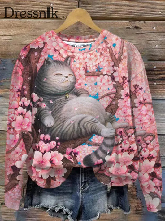 Retro Katze Kunstdruck Modische Rundhals Pullover Langarm Top