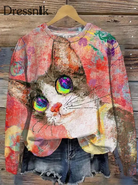 Retro Katze Kunstdruck Modische Rundhals Pullover Langarm Top