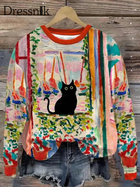 Retro Katze Kunstdruck Modische Rundhals Pullover Langarm Top