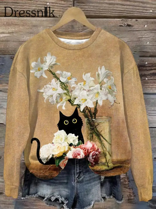 Retro Katze Kunstdruck Modische Rundhals Pullover Langarm Top