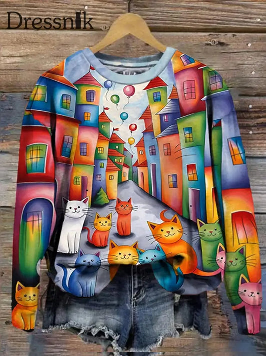 Retro Katze Kunstdruck Modische Rundhals Pullover Langarm Top