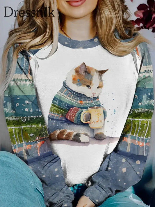 Retro Katze Kunstdruck Modische Rundhals Pullover Langarm Top