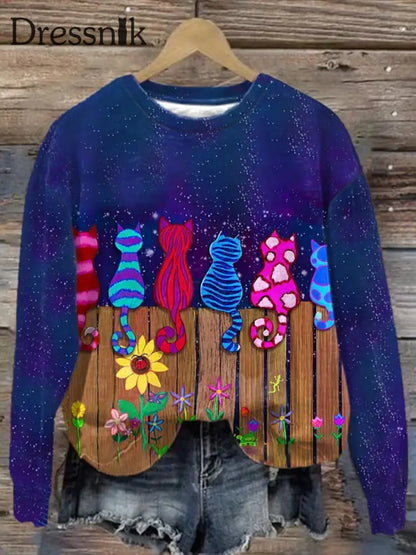 Retro Katze Kunstdruck Modische Rundhals Pullover Langarm Top A / S