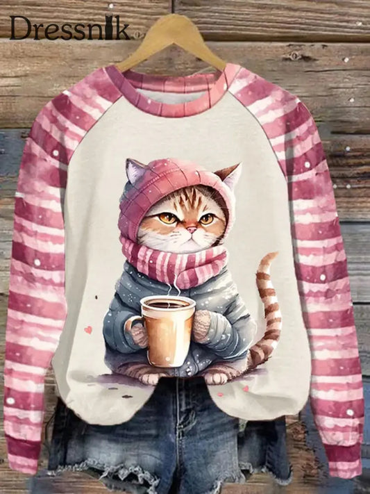 Retro Katze Mit Kaffee Druck Mode Rundhals Pullover Langarm Top