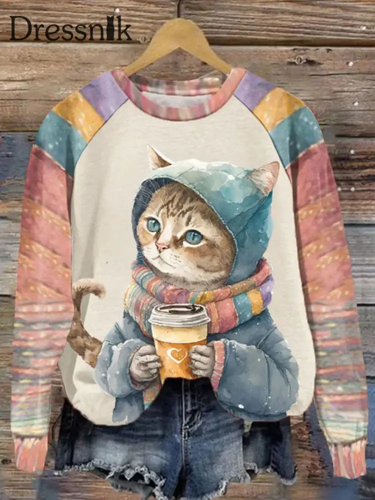 Retro Katze Mit Kaffee Druck Mode Rundhals Pullover Langarm Top