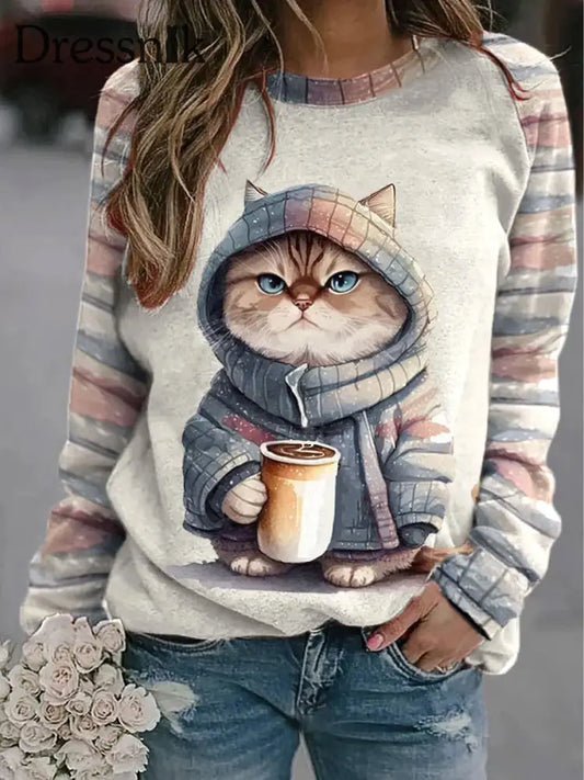 Retro Katze Mit Kaffee Druck Mode Rundhals Pullover Langarm Top