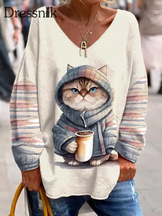 Retro Katze Mit Kaffee Druck Modische V-Ausschnitt Pullover Lang Ärmel Iges Oberteil