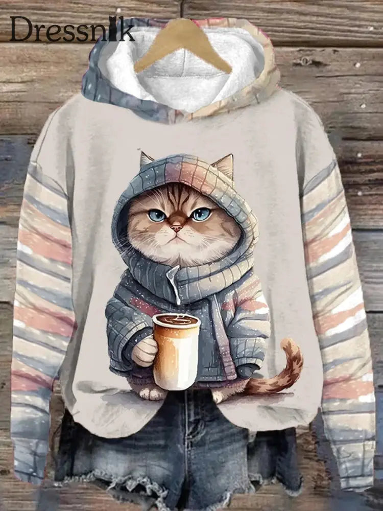 Retro Katze Mit Kaffee-Kunstdruck Mode Kapuzen-Sweatshirt Langen Ärmeln