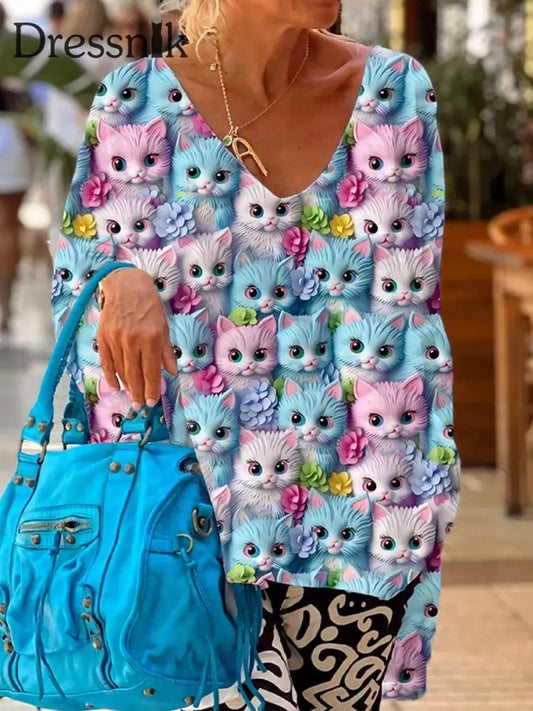 Retro Kitten Print Modische V-Ausschnitt Pullover Lang Ärmel Iges Oberteil