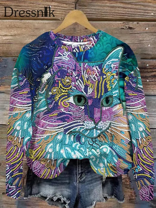 Retro Kristall Katze Print Modische Rundhals Langarm Top