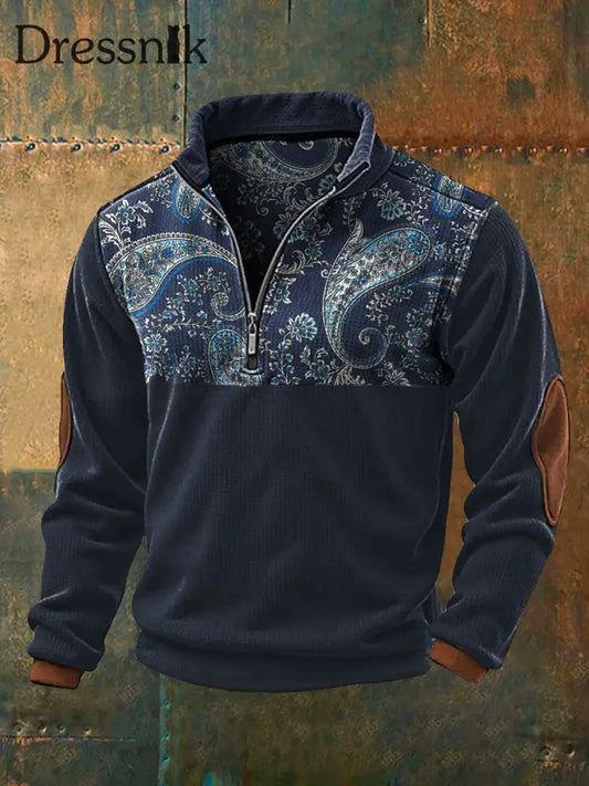 Retro Kunst bedrucktes Sweatshirt im westlichen Stil für Herren Marineblau / S