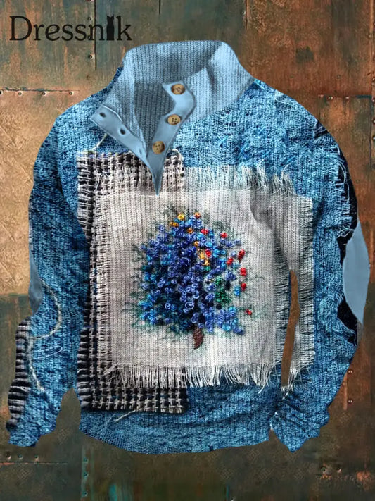 Retro Kunst Blumen Druck Design Stand Kragen Mit V-Ausschnitt Langarm Pullover Sweatshirt A / S