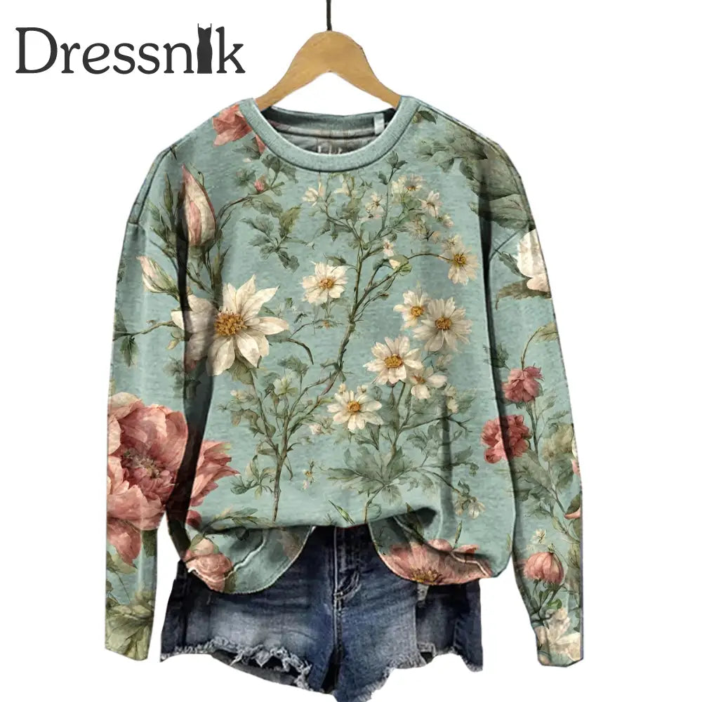 Retro Kunst Blumen Druck Lässiger Rundhals Langarm Sport Top