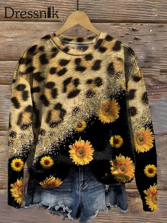 Retro Leopard Blume Blühende Mode Rundhals Langarm Top