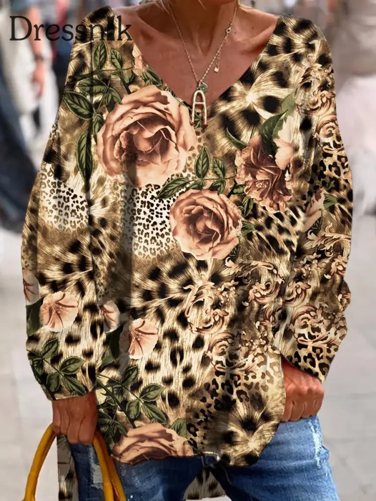 Retro Leopard Blumen Druck Mode V-Ausschnitt Langarm Top