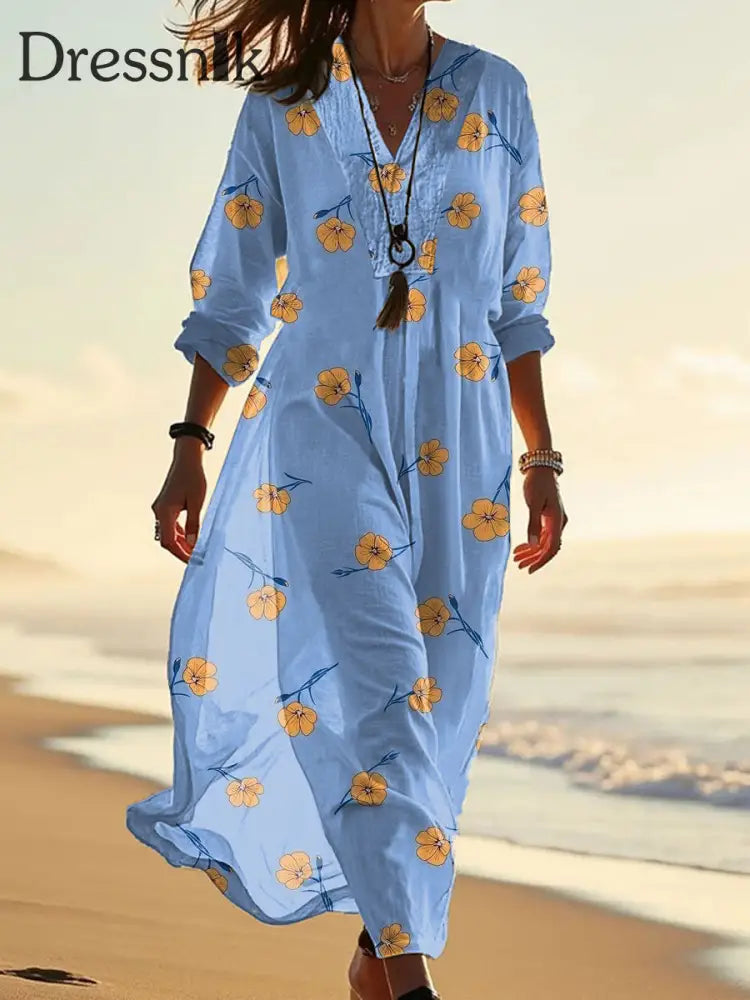 Retro Mode Blumen druck Breites V-Ausschnitt langes Kleid als bild / S