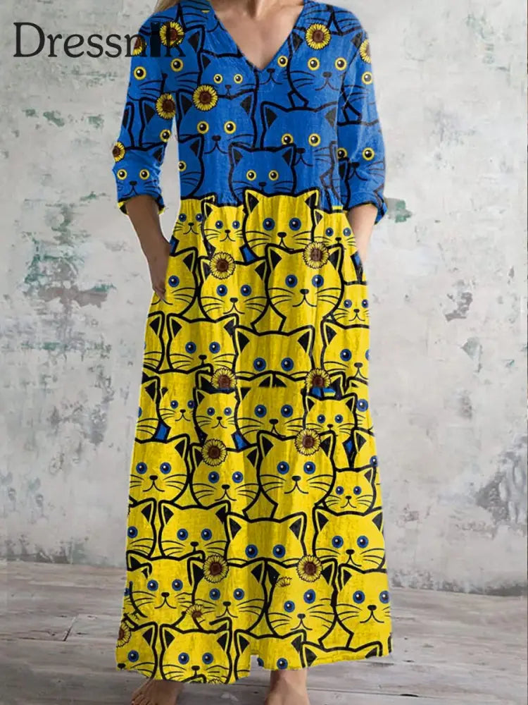 Retro Mode Frieden Katze Illustration Druck lässig V-Ausschnitt Kleid als bild / S