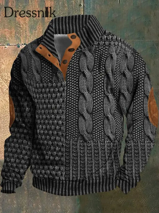 Retro-Mosaik-Farb Block Bedruckter Ständer Revers Kragen Knopf Bündig Outdoor-Sweatshirt A / S