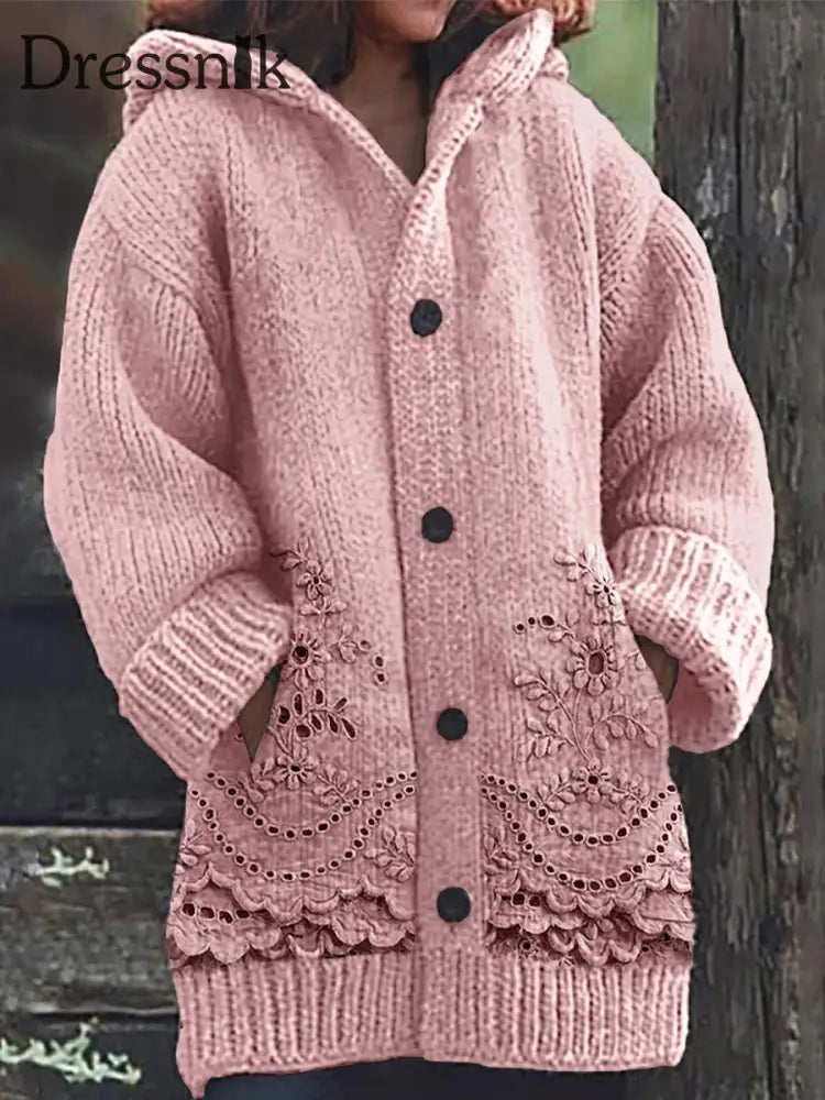 Retro Nahtlose Stickerei Druck Knopf Dick Lang Ärmelig Kapuzen Strickjacke A / S