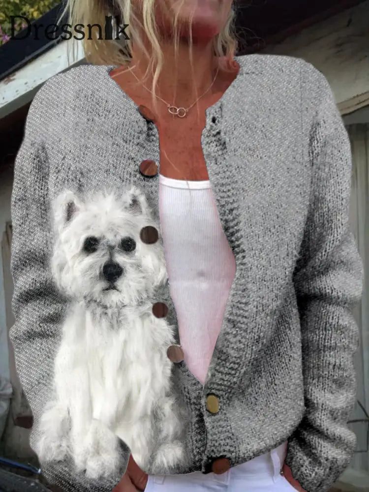 Retro Niedlich West Highland White Terrier Print Geknöpft Lässig Langarm Strickjacke Pullover A / S