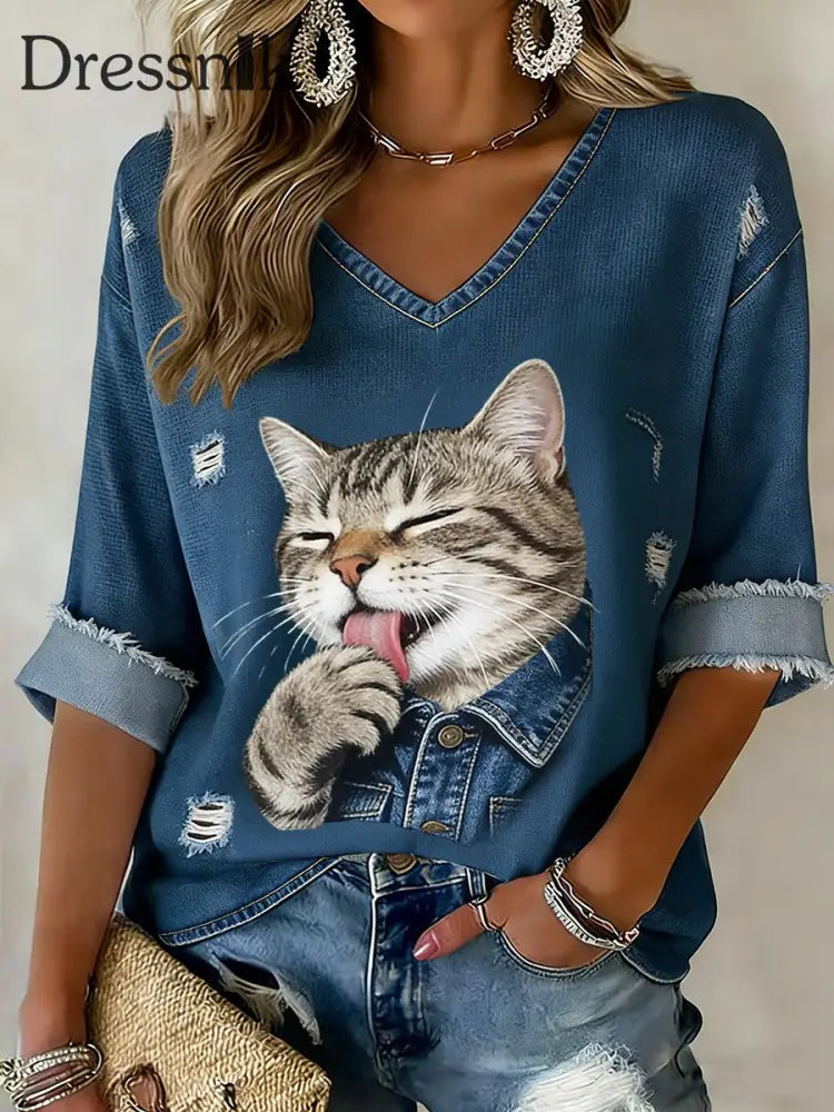 Retro niedliche Katze Denim Patchwork Kunstdruck Lässiges Baumwoll-Langarm-T-Shirt blau / S