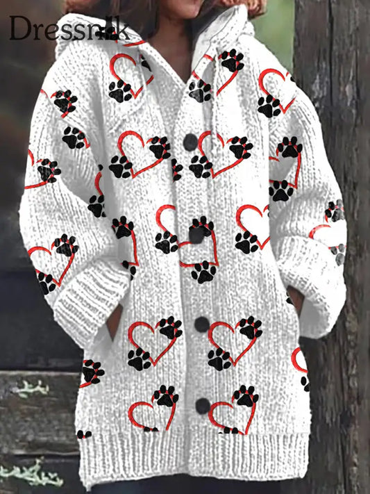 Retro Niedliche Katze Liebe Druck Knopf Oben Dick Lang Ärmelig Kapuzen Strickjacke Pullover A / S