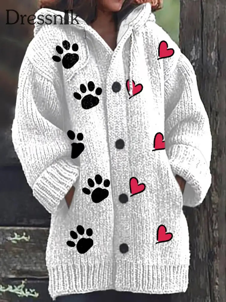 Retro Niedliche Katze Liebe Druck Knopf Oben Dick Lang Ärmelig Kapuzen Strickjacke Pullover A / S