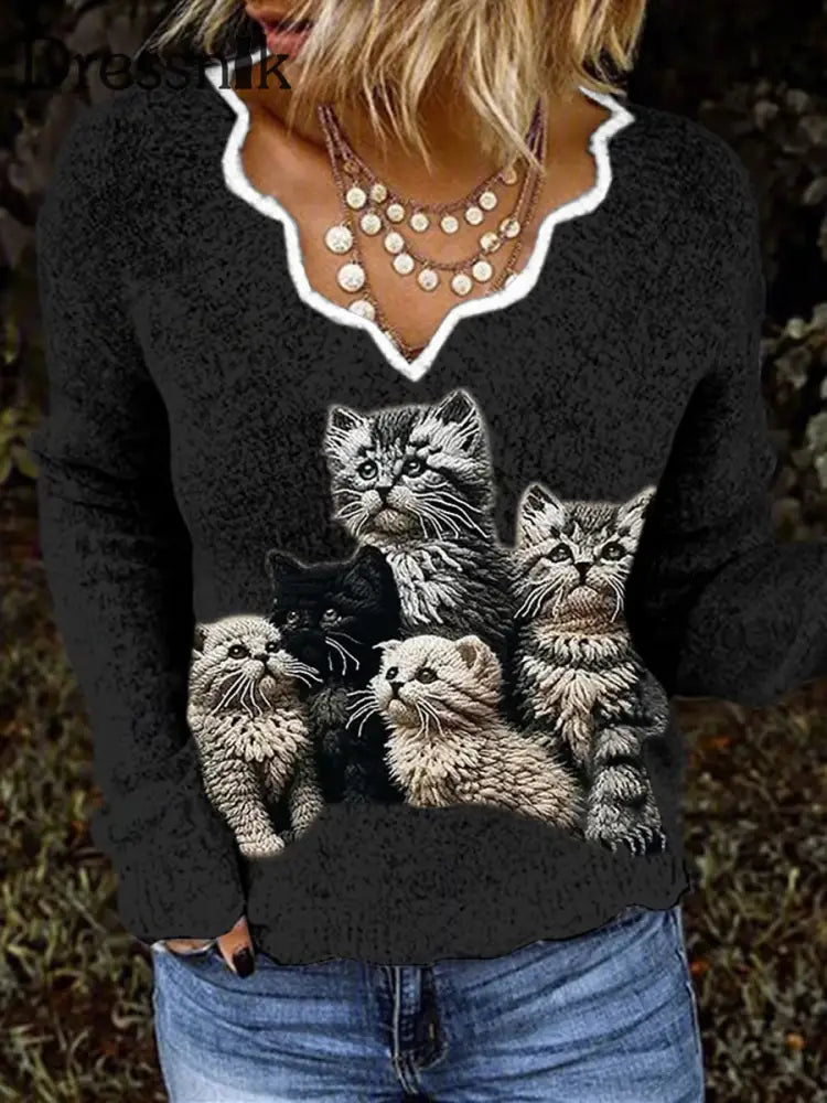 Retro Niedliche Katze Liebhaber Druck Knopf Oben Dick Lang Ärmelig Kapuzen Strickjacke Pullover D