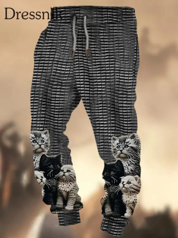 Retro Niedliche Katze Textur Muster Druck Western Village Jagd Logo Gestreifte Lässige Jogging