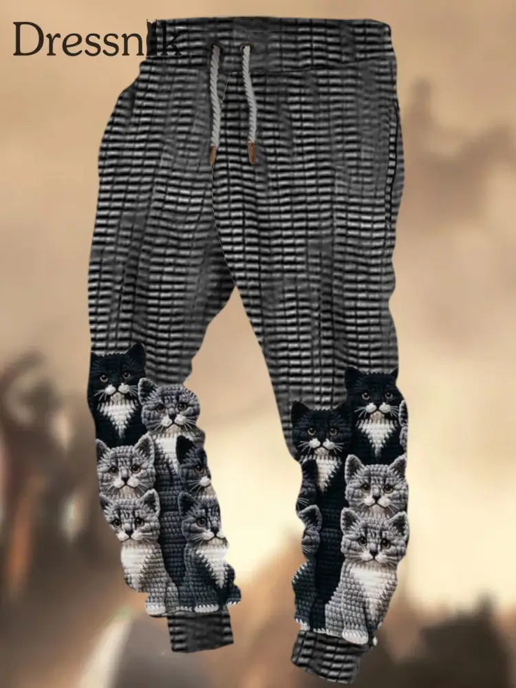 Retro Niedliche Katze Textur Muster Druck Western Village Jagd Logo Gestreifte Lässige Jogging