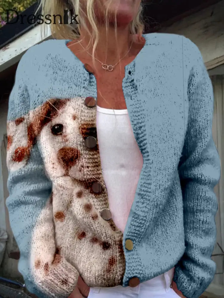 Retro Niedlicher Strickjacke Mit Knöpfen Aus Hund Lässig Langen Ärmeln A / S