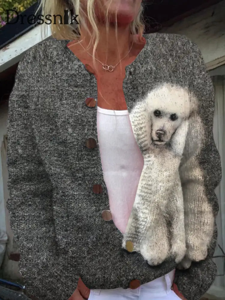 Retro Niedlicher Strickjacke Mit Knöpfen Aus Hund Lässig Langen Ärmeln A / S