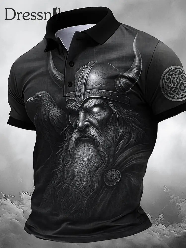 Retro nordische Viking-Grafik gedruckt Vintage-Stil V-Ausschnitt kurze Ärmel Polo-Shirt A / S